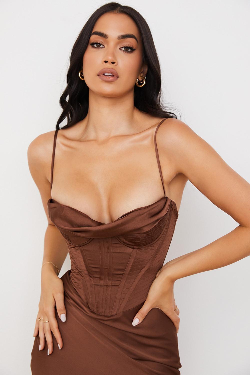 Myrna  chocolate satin corset slip dress - sale Product Image