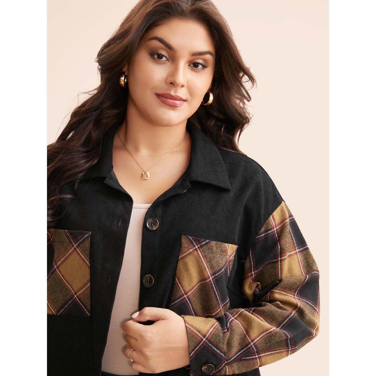 Plus Size Plaid Patchwork Patched Pocket Jacket Women Black Contrast Loose Patch pocket Everyday Jackets BloomChic 12/L Product Image