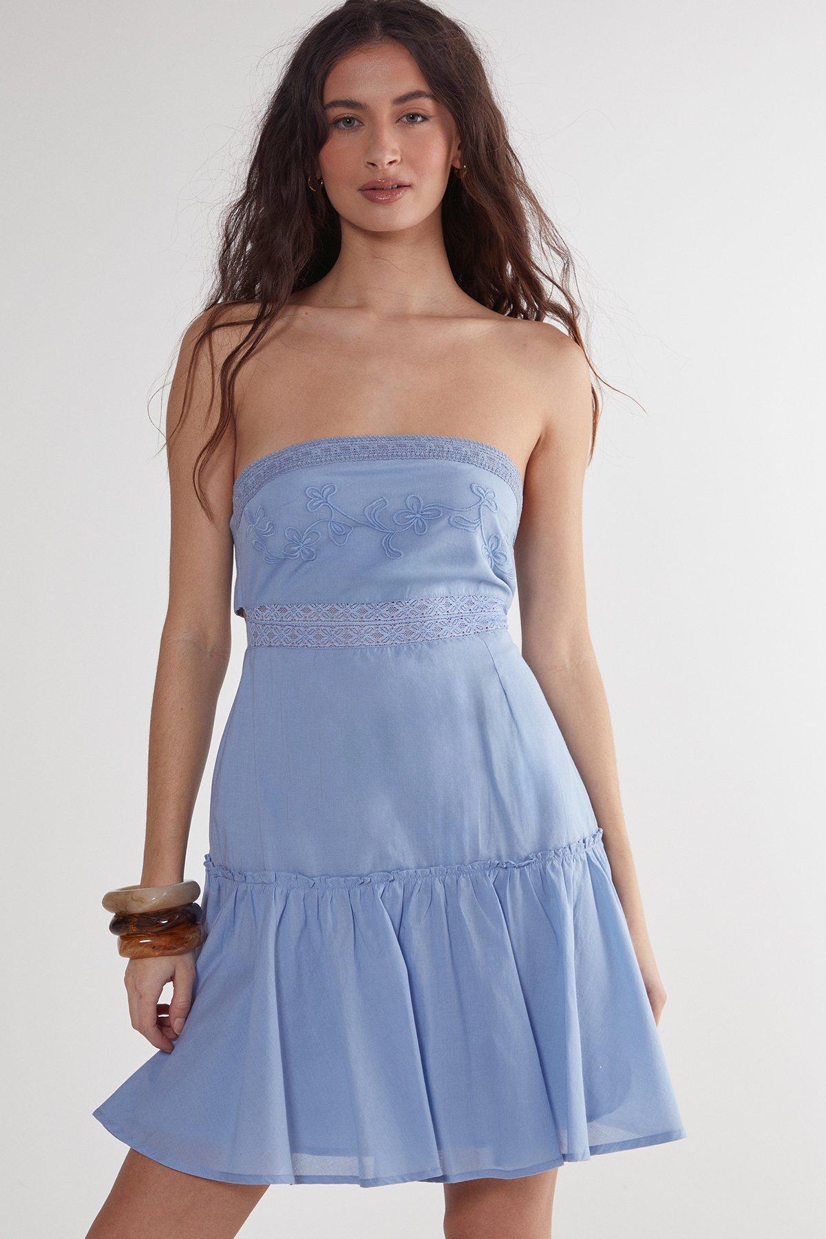 Cotton Embroidered Lace Insert Bandeau Tie Back Mini Dress Product Image