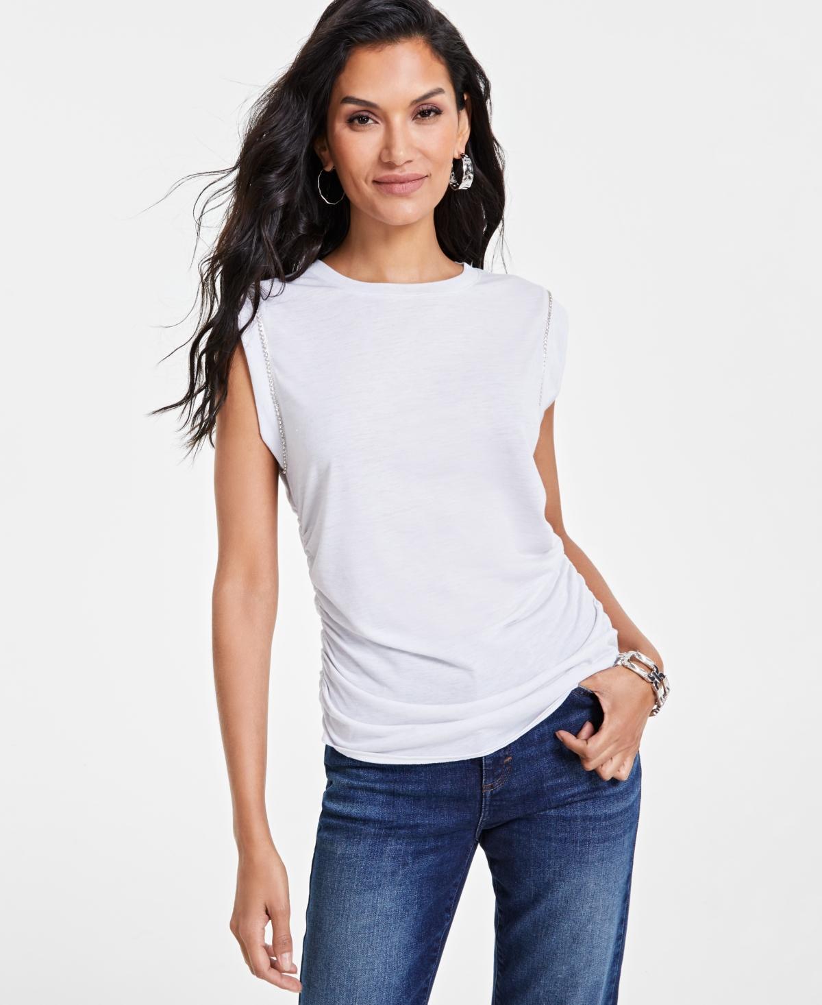 I.n.c. International Concepts Womens Ruched-Side Embellished Tee, Created for Macys Product Image