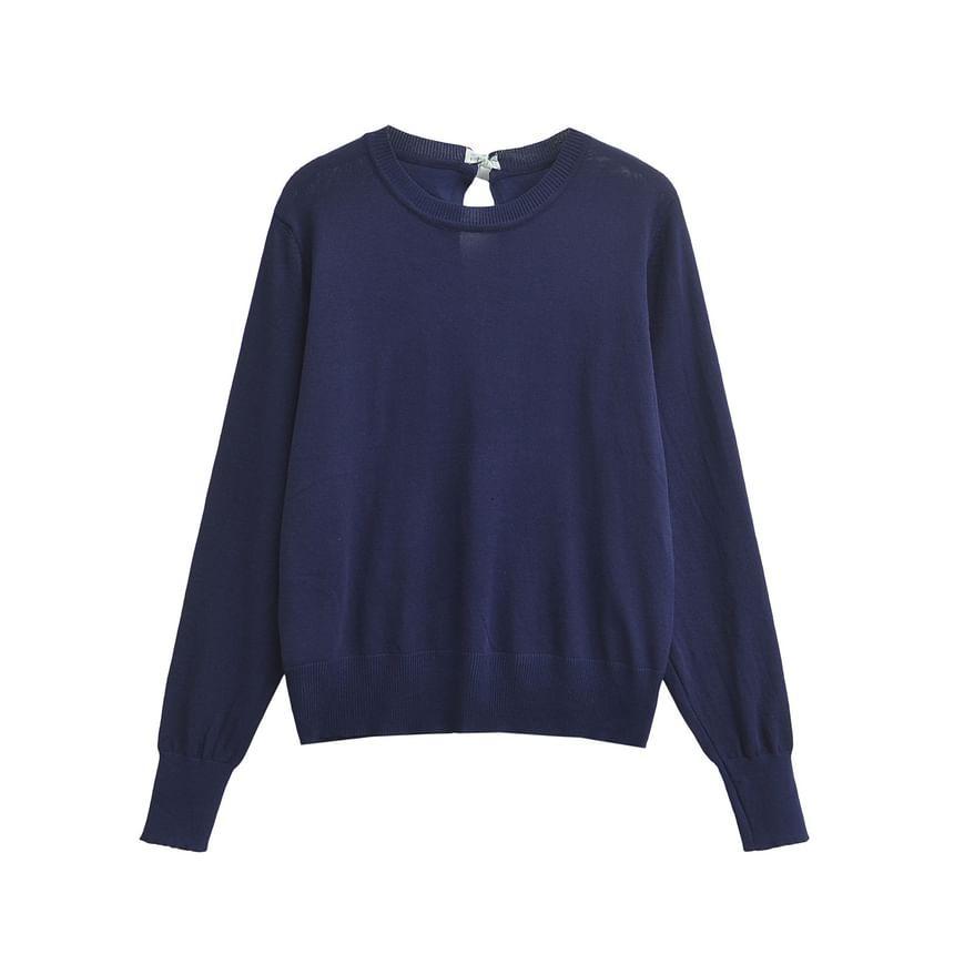 Round Neck Plain Bow Sweater Product Image
