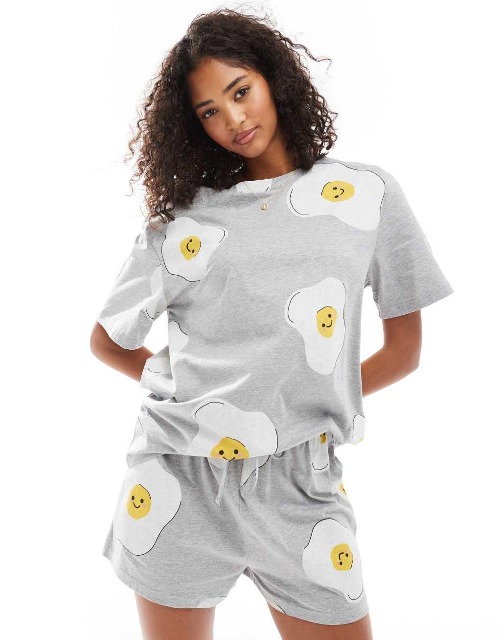ASOS DESIGN fried egg oversized tee & short pajama set in gray heather Product Image
