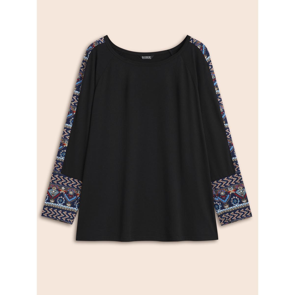 Plus Size Bandana Print Patchwork Round Neck T-shirt Black Women Casual Contrast Round Neck Everyday T-shirts BloomChic 30/6X Product Image