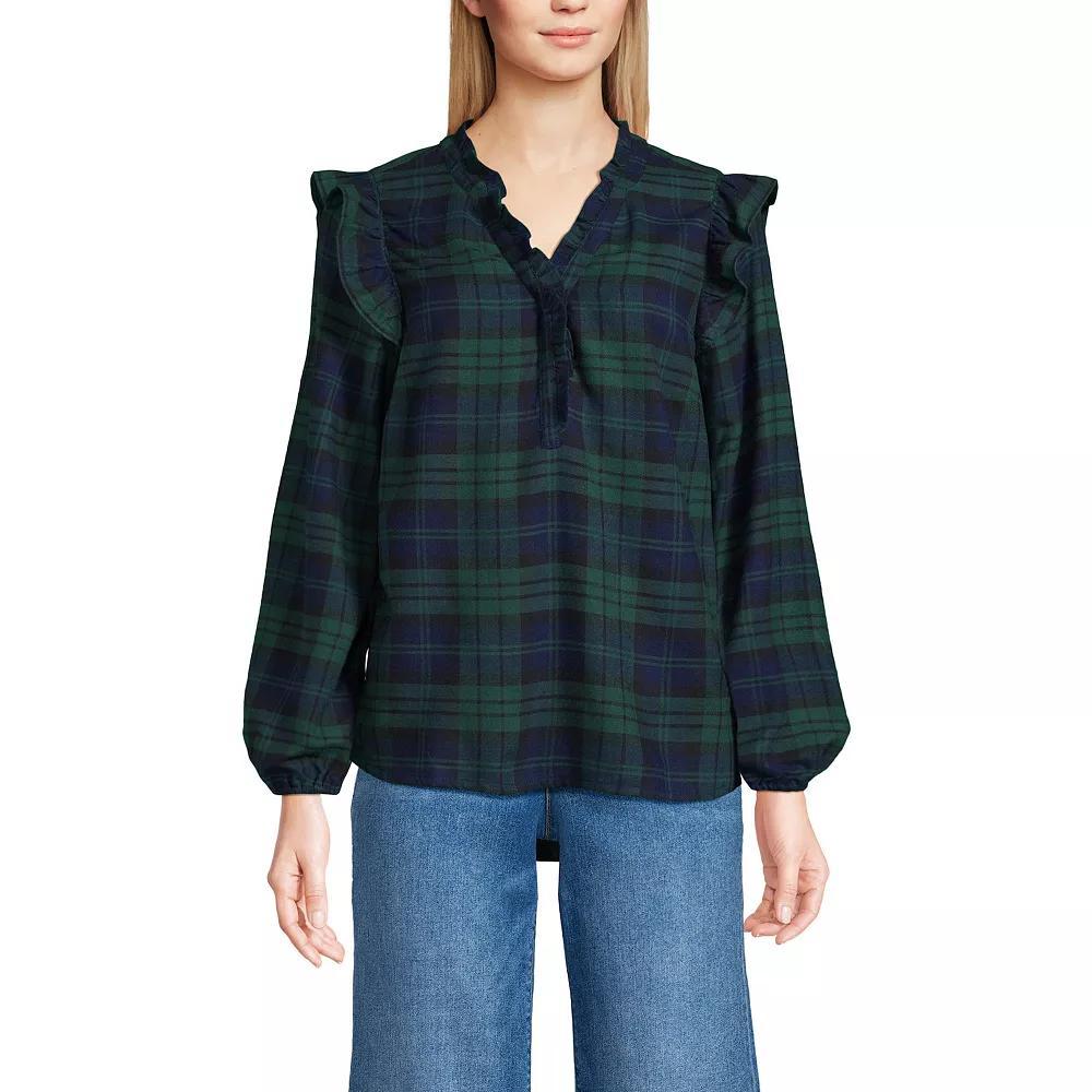 Women's Lands' End Ruffle Front Flannel Popover Blouse, Size: XL, Deep Green Plaid Product Image