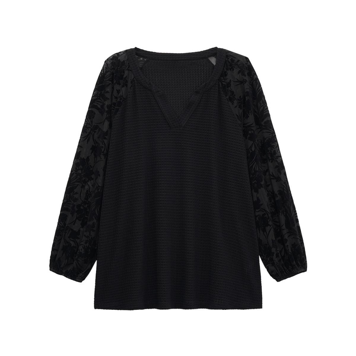 Plus Size Silhouette Floral Print Mesh Waffle Knit T-shirt Black Women Elegant Waffle Knit Silhouette Floral Print Notched collar Dailywear T-shirts BloomChic 12/L Product Image