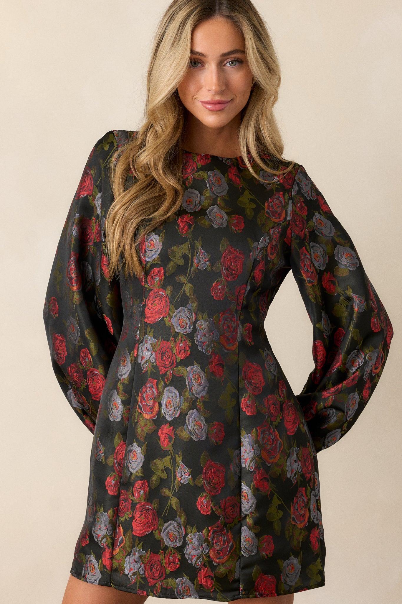 Enchanted Petals Black Floral Balloon Sleeve Mini Dress Product Image