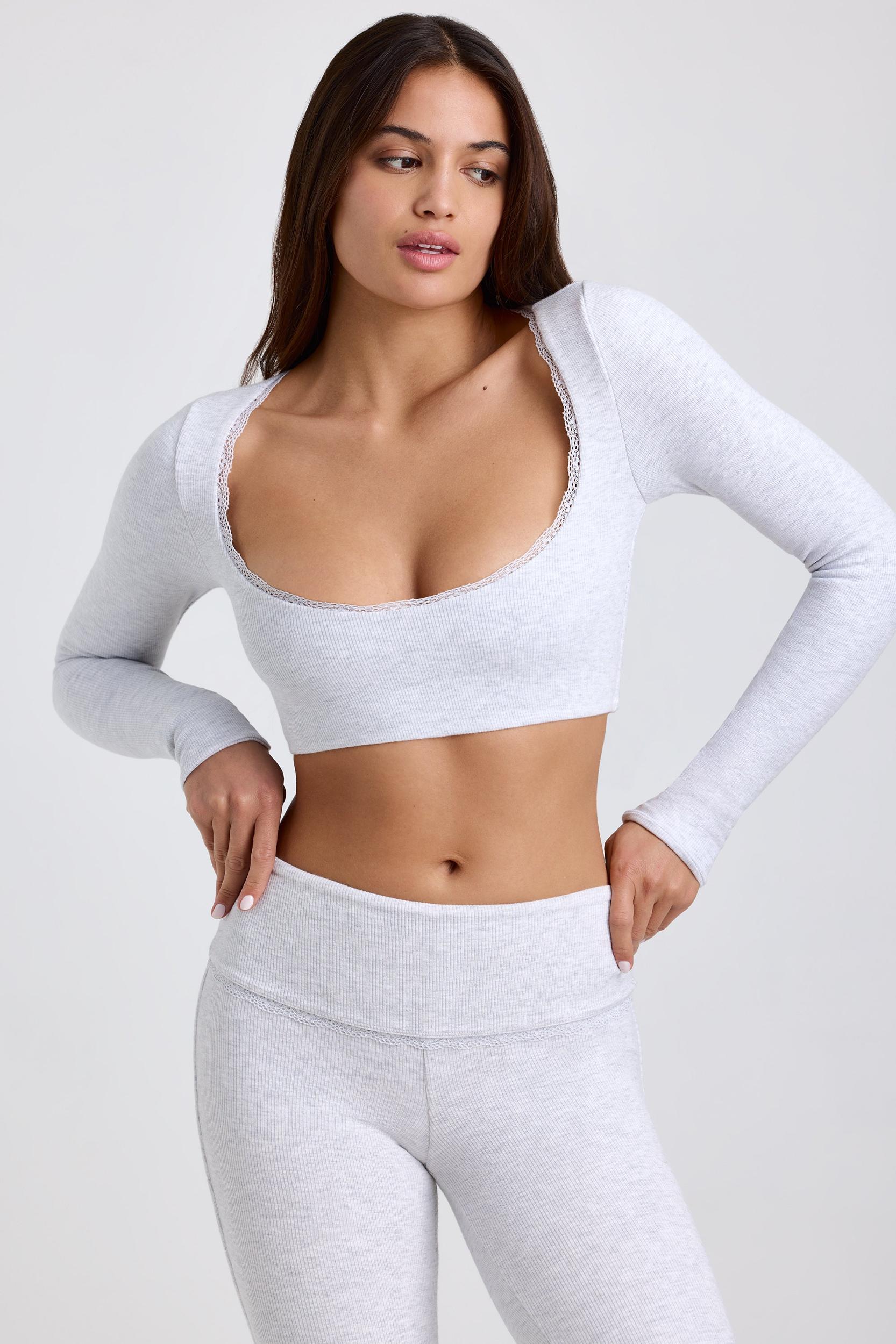 Ribbed Modal Lace-Trim Crop Top in Grey Product Image