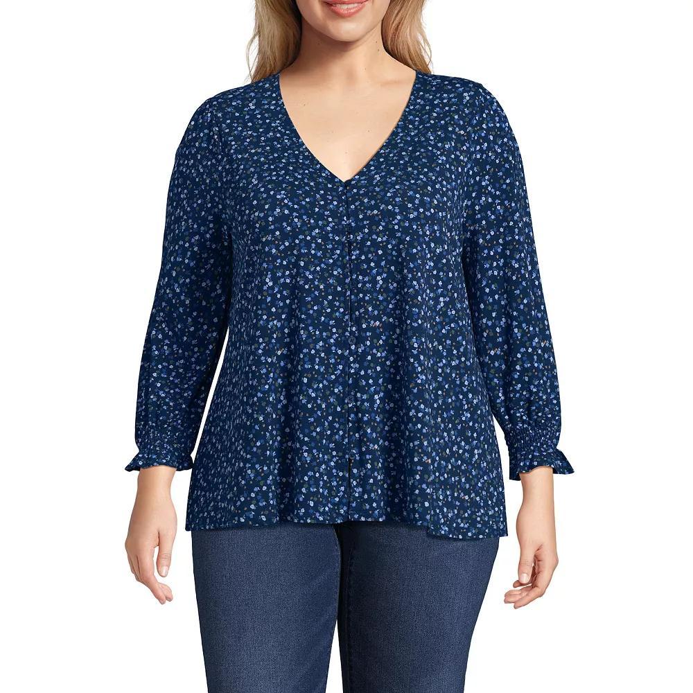 Plus Size Lands' End 3/4 Sleeve Lightweight Jersey Button Front Top, Women's, Size: 1XL, Deep  Blue Bloom Product Image
