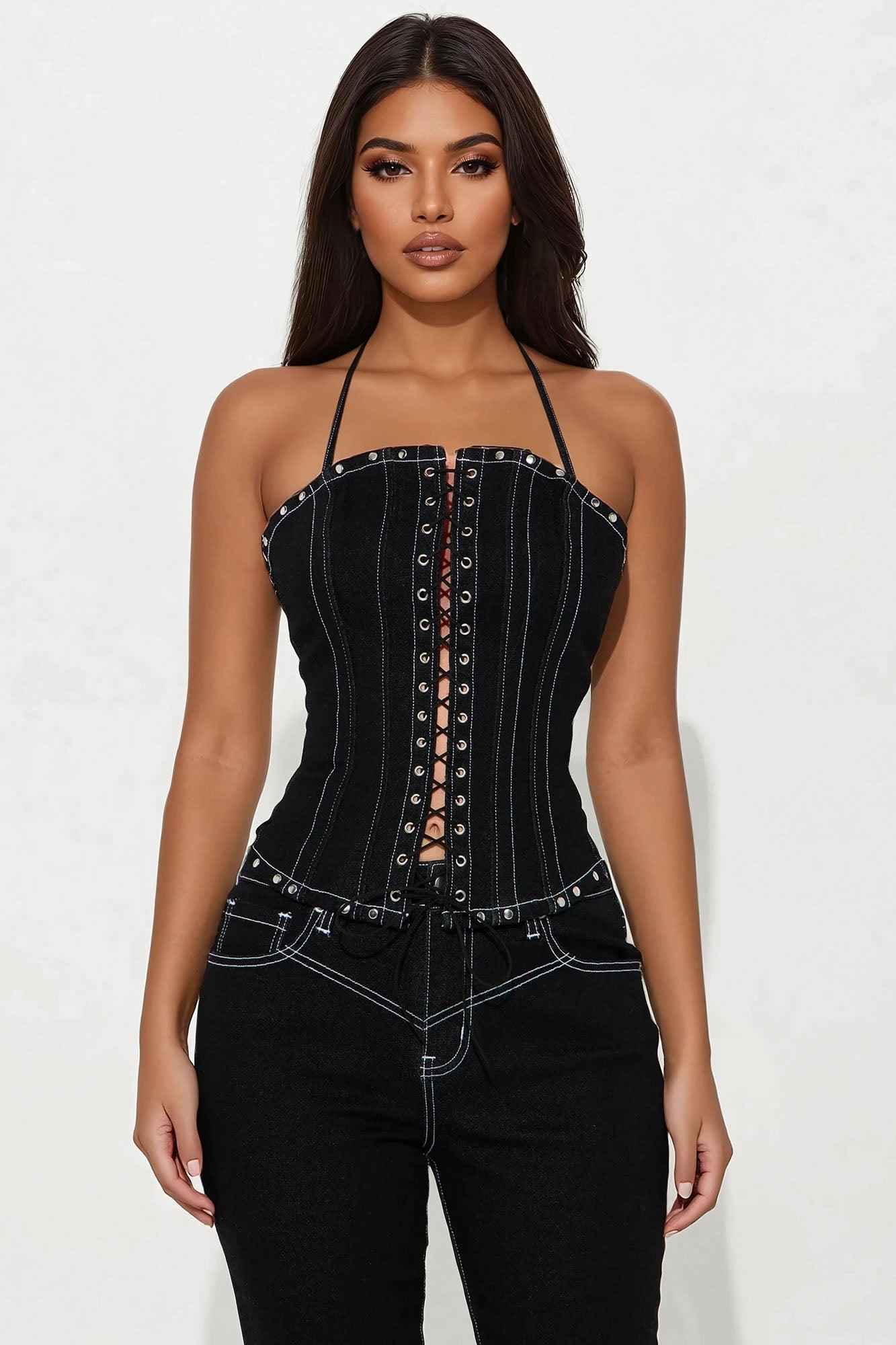 After Dark Lace Up Corset Capri Pant Set  - Black Product Image