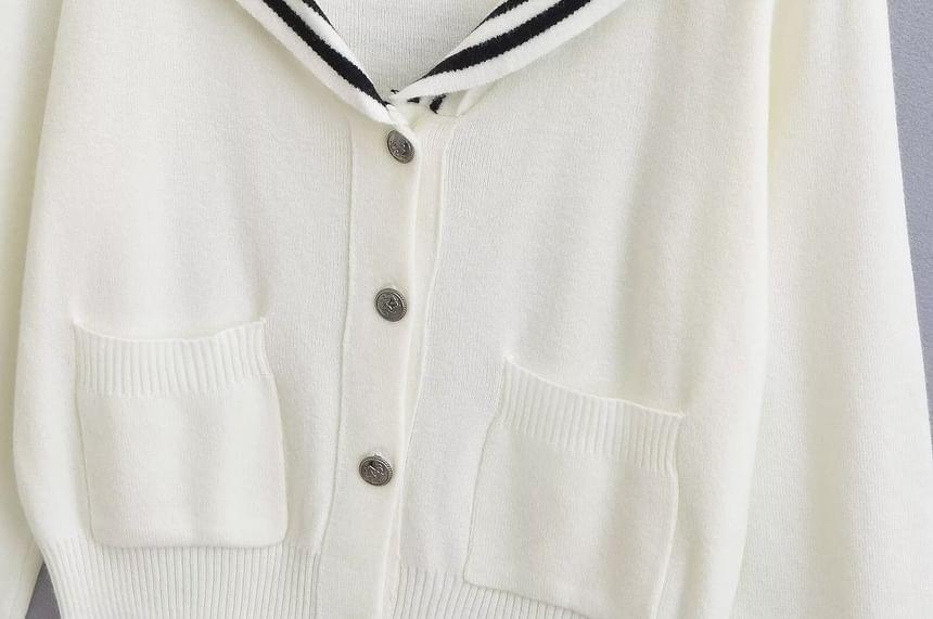 Sailor Collar V-Neck Striped Trim Crop Cardigan Product Image