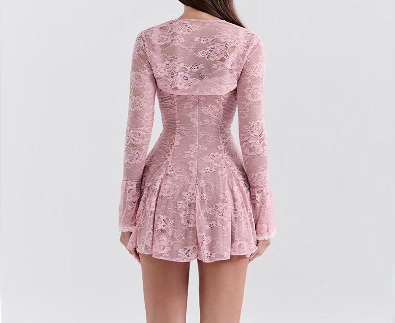 Set: Long-Sleeve Shrug + Spaghetti Strap Lace Mini A-Line Dress Product Image