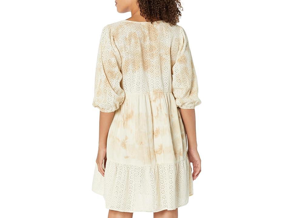 Mod-o-doc Static Wave Tie-Dye Gauze 3/4 Sleeve Lace Mix-Media V-Neck Dress (Coastal Shore) Women's Clothing Product Image