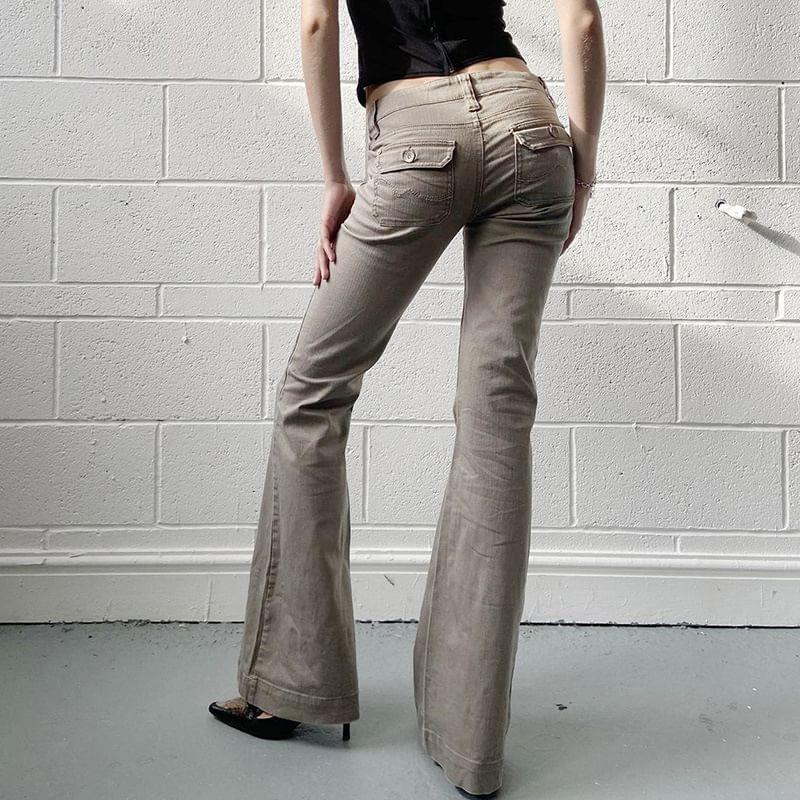 Low Waist Plain Pocket Slim-Fit Boot-Cut Cargo Pants Product Image