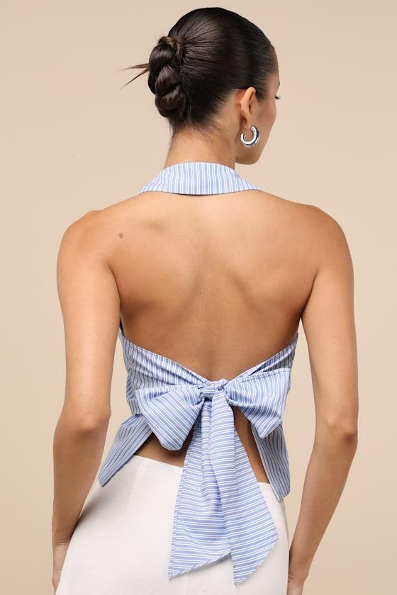 Giosetta Blue Pinstriped Button-Front Halter Top Product Image