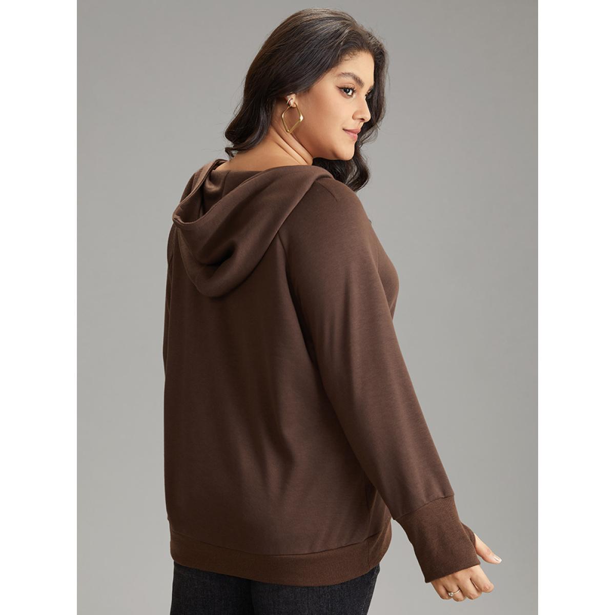 Plus Size Plain Thumb Hole Hooded Kangaroo Pocket Sweatshirt Women DarkBrown Casual Plain Hooded Dailywear Sweatshirts BloomChic 18-20/2X Product Image