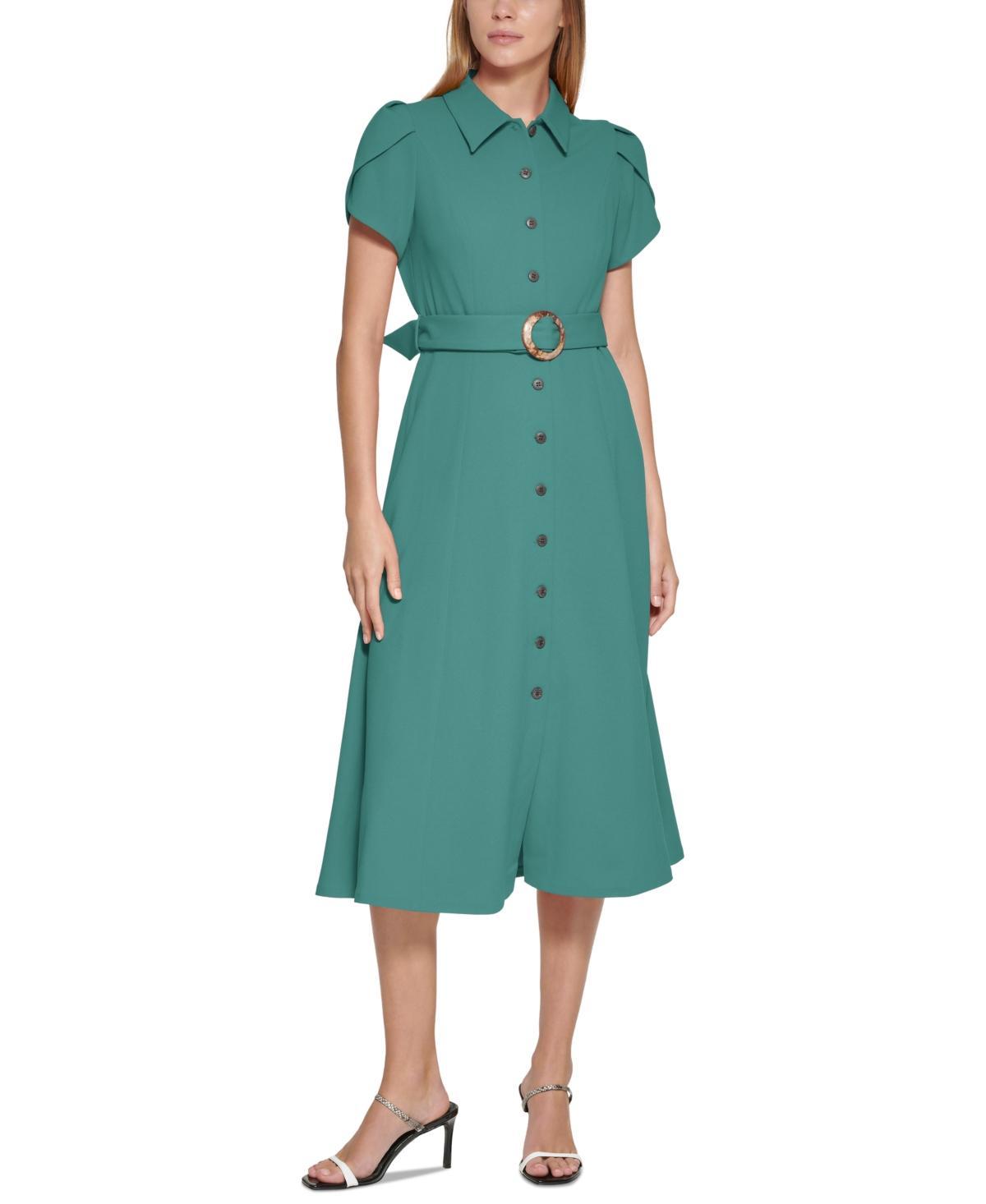 Calvin Klein Scuba Crepe Dress with Ruffle Skirt and Tie Belt Women's Dress Product Image