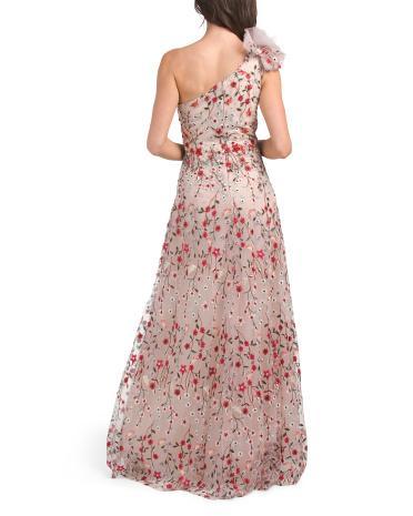 One Shoulder Floral Applique Gown With Tulle Rosette for Women | Polyester Product Image