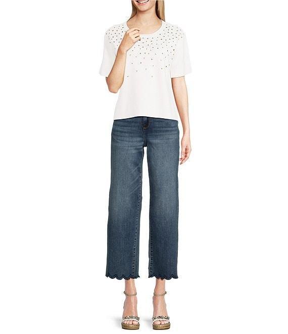 KARL LAGERFELD PARIS Knit Rhinestone Crew Neck Short Sleeve Top Product Image