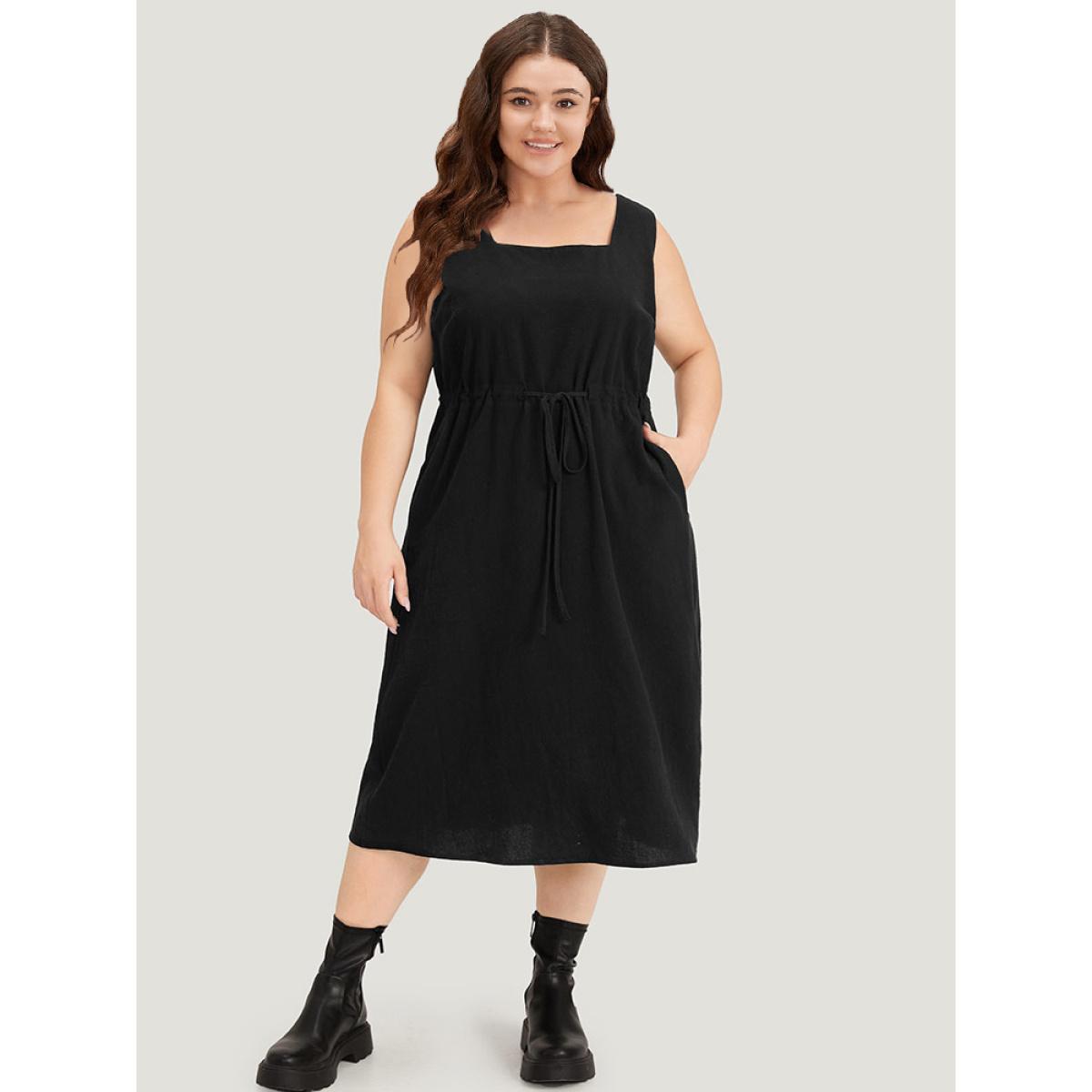 Plus Size Plain Pocket Drawstring Square Neck Tank Dress Black Women Casual Plain Square Neck Sleeveless Curvy Midi Dress BloomChic 28/5X Product Image