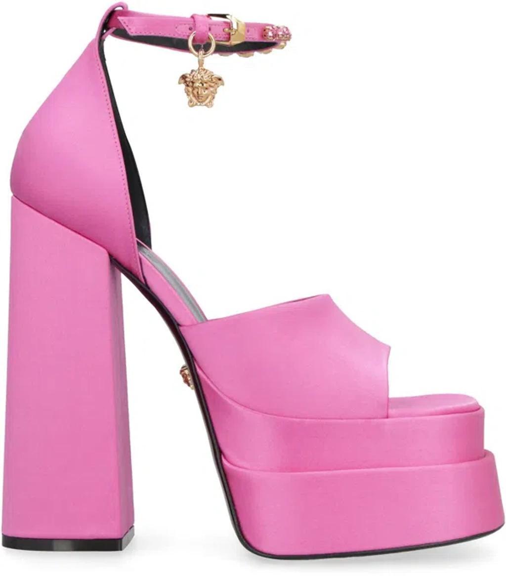 Pink Satin Sandals With Rhinestones And Adjustable Ankle Strap For Women Product Image