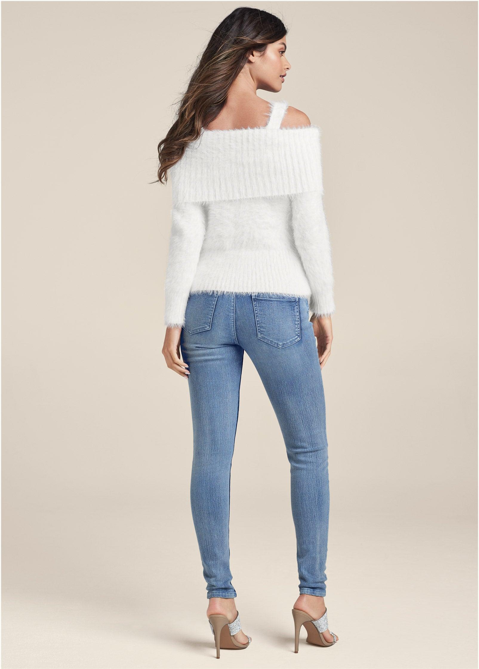 Chain Detail Cold-Shoulder Sweater - Off White Product Image