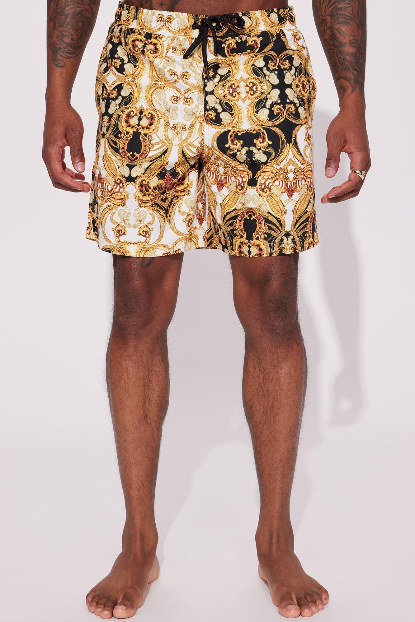 Luxe Baroque Swim Mid Trunk - Black/Gold Product Image