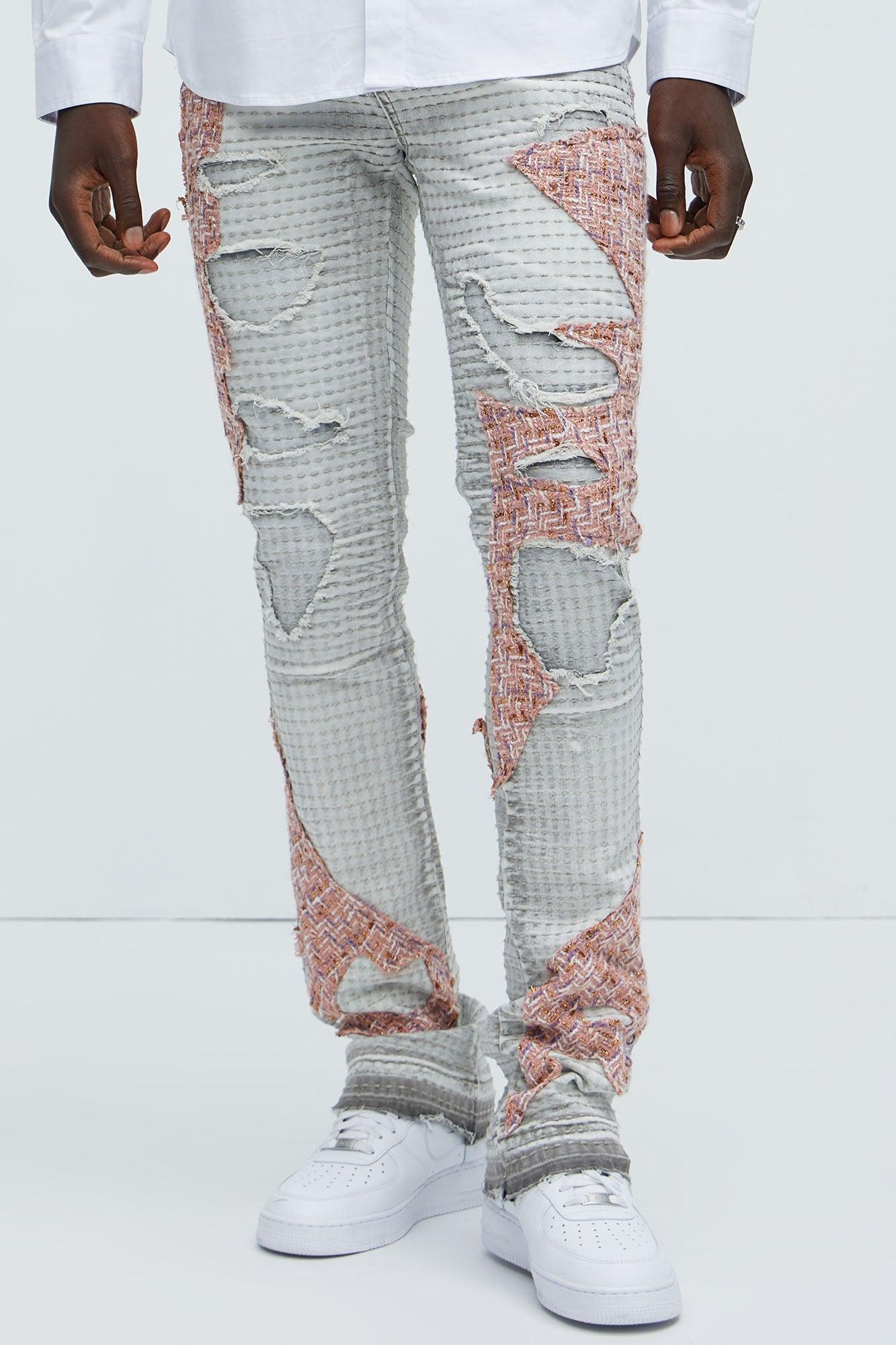 Ripped It And Fixed Stacked Skinny Flared Pants - Grey/combo Product Image