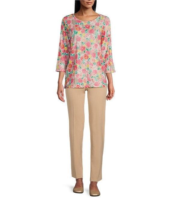 Allison Daley Embellished Cheerful Daisy Print 3/4 Sleeve Crew Neck Knit Top Product Image