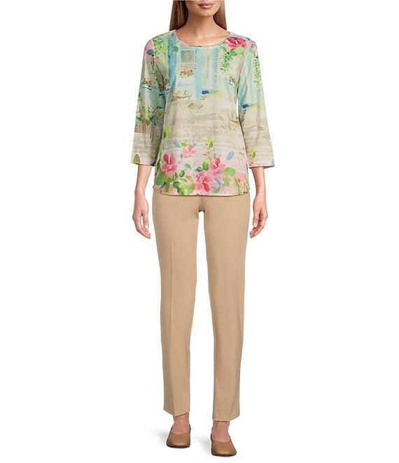 Allison Daley Town Country Border Print 3/4 Sleeve Crew Neck Knit Top Product Image