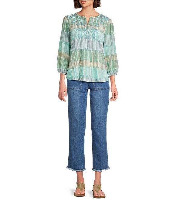 Multiples Petite Size Slub Knit Embroidered Printed Split V-Neck 3/4 Sleeve Top Product Image