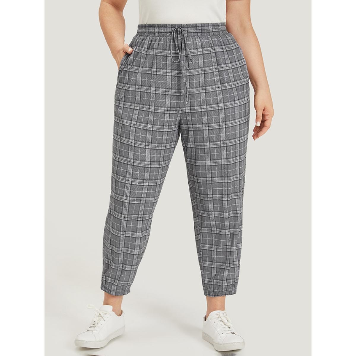 Plaid Drawstring Pocket High Rise Sweatpants SlateGray Plus Size Women Casual Dailywear Cross straps 28/5X Bloomchic Product Image