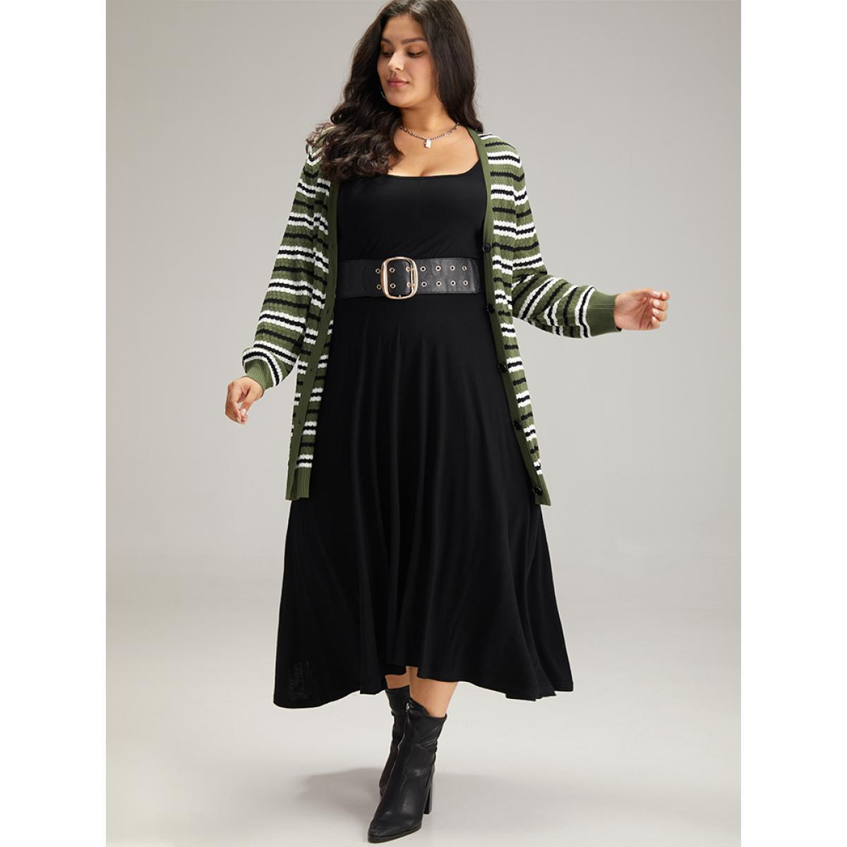 Plus Size Striped Contrast Elastic Cuffs Button Through Cardigan Multicolor Women Glamour Loose Long Sleeve Dailywear Cardigans BloomChic 26/4X Product Image
