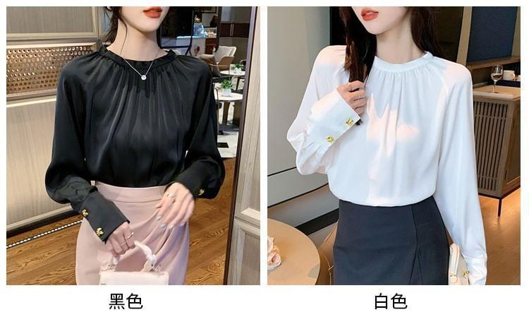 Long Sleeve Round Neck Plain Ruched Blouse Product Image