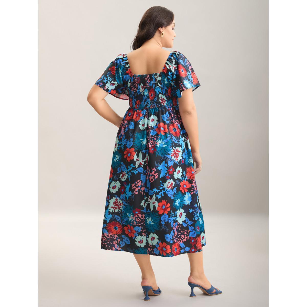 Plus Size Floral Shirred Square Neck Pocket Midi Dress Indigo Women Elegant Non Square Neck Short sleeve Curvy Midi Dress BloomChic 10/M Product Image
