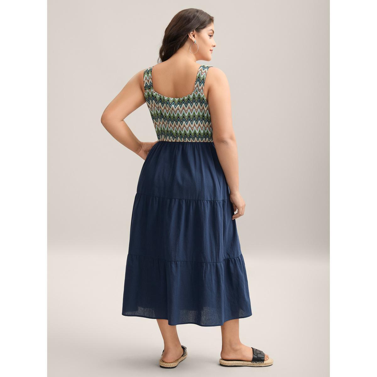 Plus Size Cotton Crochet Stretchy Waist Pockets Midi Dress Navy Women Square Neck Sleeveless Curvy BloomChic 28/5X Product Image