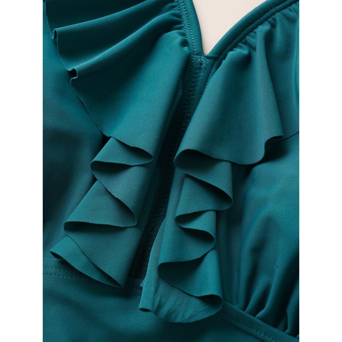 Plus Size Geometric Patchwork See Through Ruffles Swim Dress Women's Swimwear DarkGreen Beach Bodycon V-neck High stretch Curve Swim Dresses BloomChic 14-16/1X Product Image