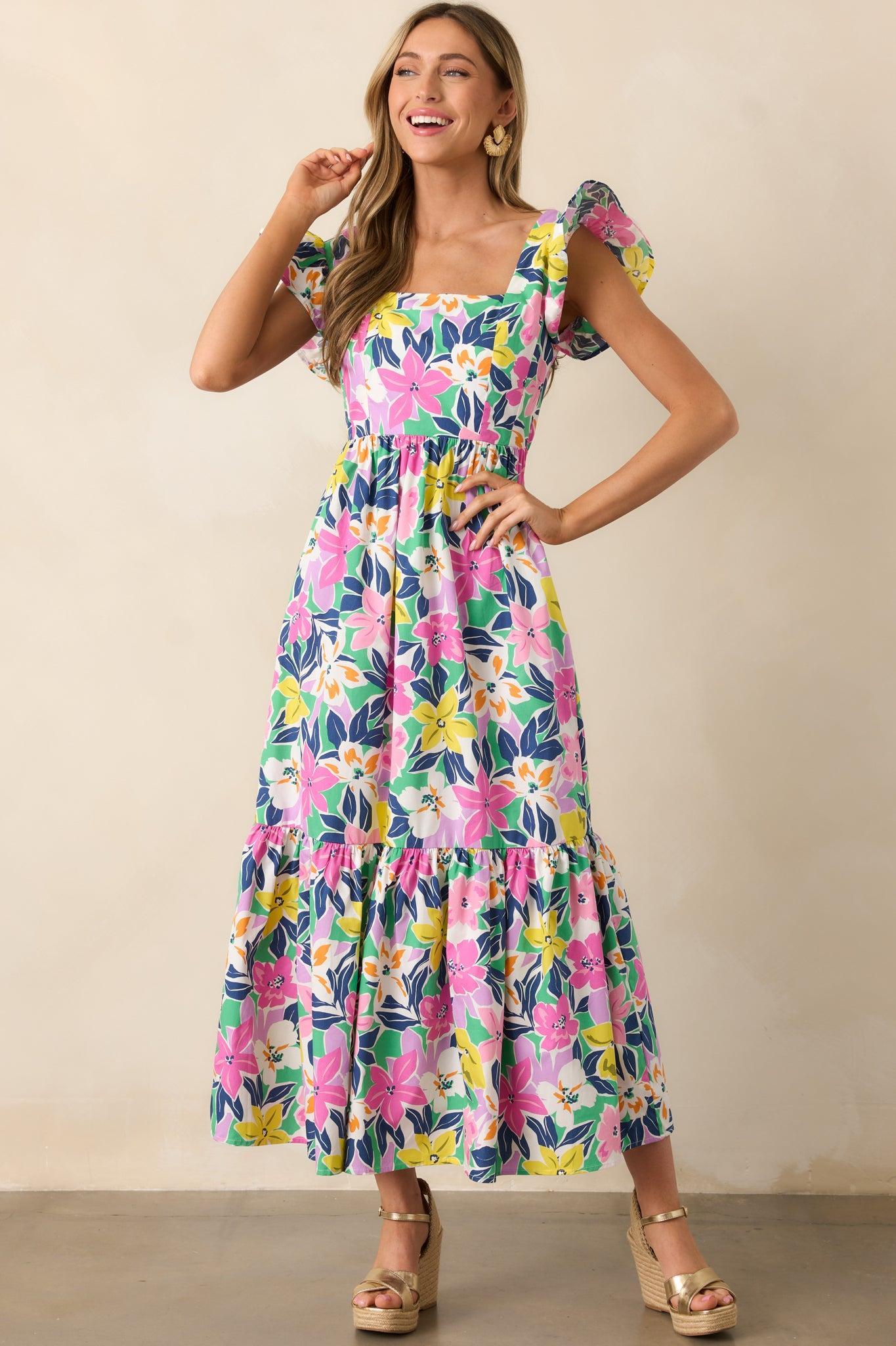 Blooming Shores Pink Tropical Floral Flutter Sleeve Maxi Dress Product Image