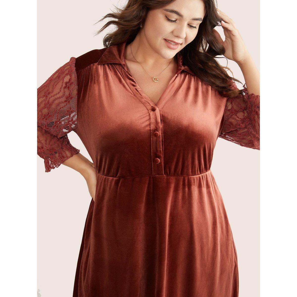 Plus Size Velvet Solid Guipure Lace Flutter Sleeve Dress Russet Women Elegant Velvet Lapel Collar Long Sleeve Curvy Midi Dress BloomChic 28/5X Product Image