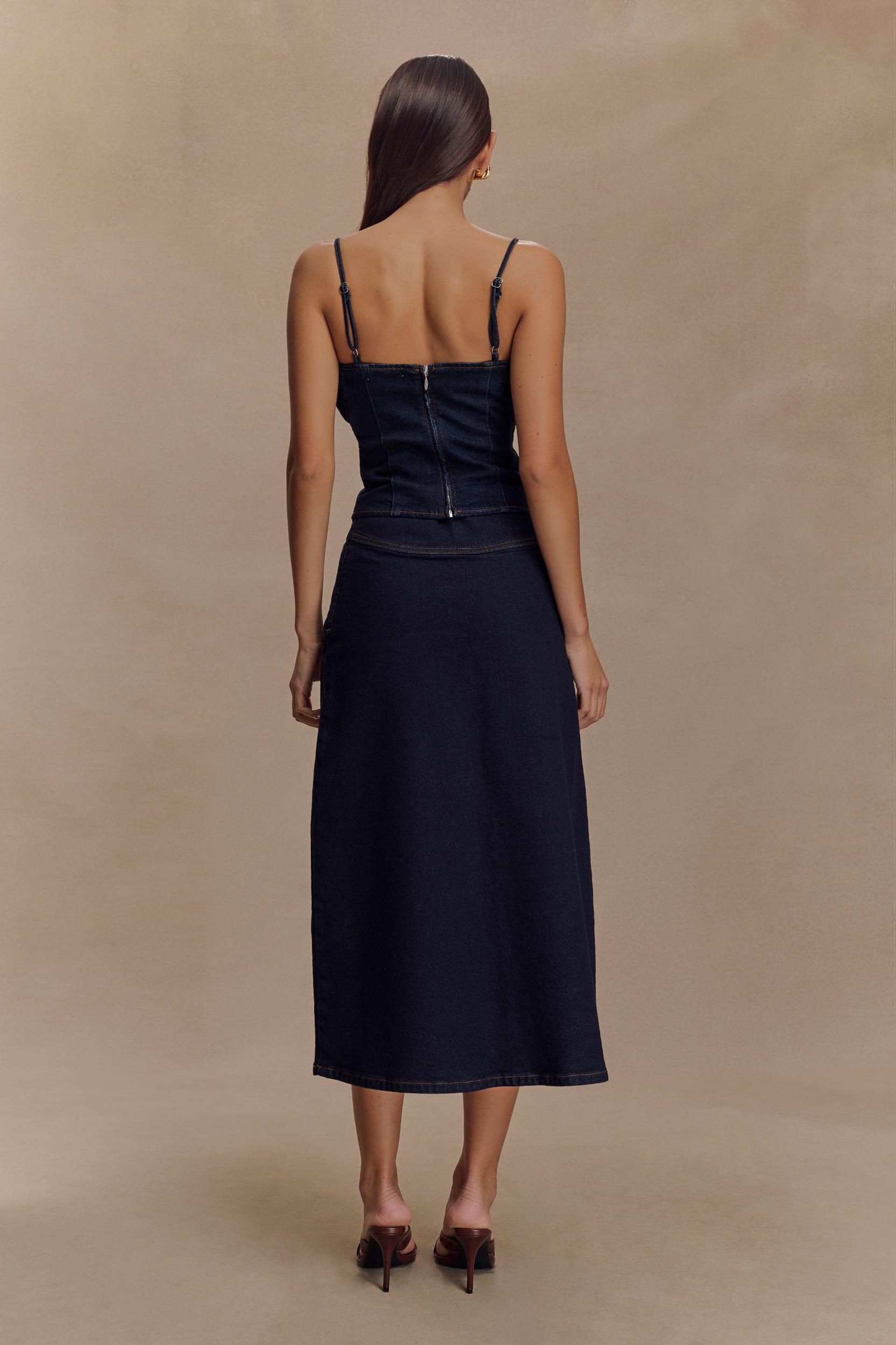 Cecilia Denim A-Line Midi Skirt - Indigo Blue Product Image
