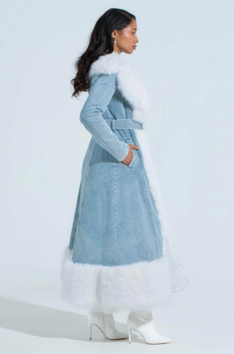 VIVIAN FUR TRIM COAT IN DENIM Product Image