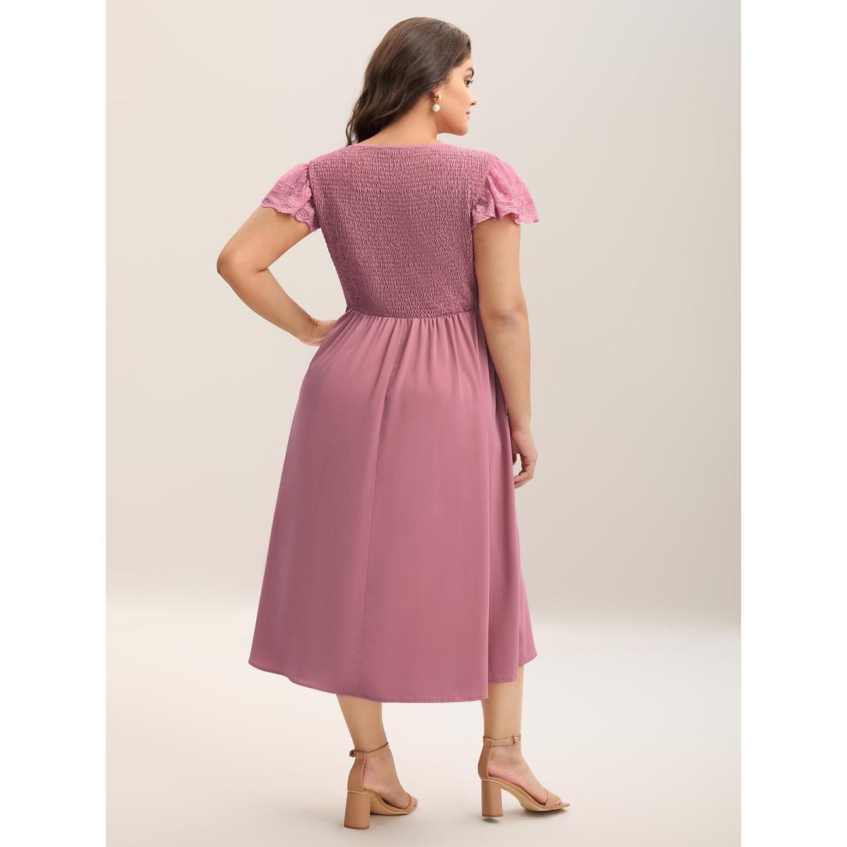 Plus Size Flutter Sleeve Lace Stretchy Waist Midi Dress DustyPink Women Elegant Woven ribbon&lace trim Overlap Collar Short sleeve Curvy BloomChic 18-20/2X Product Image
