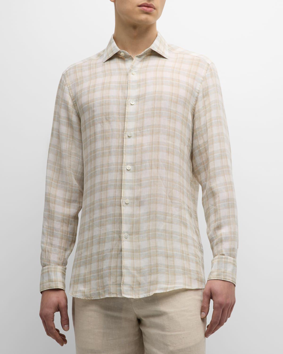 Men's Linen Check Casual Button-Down Shirt Product Image
