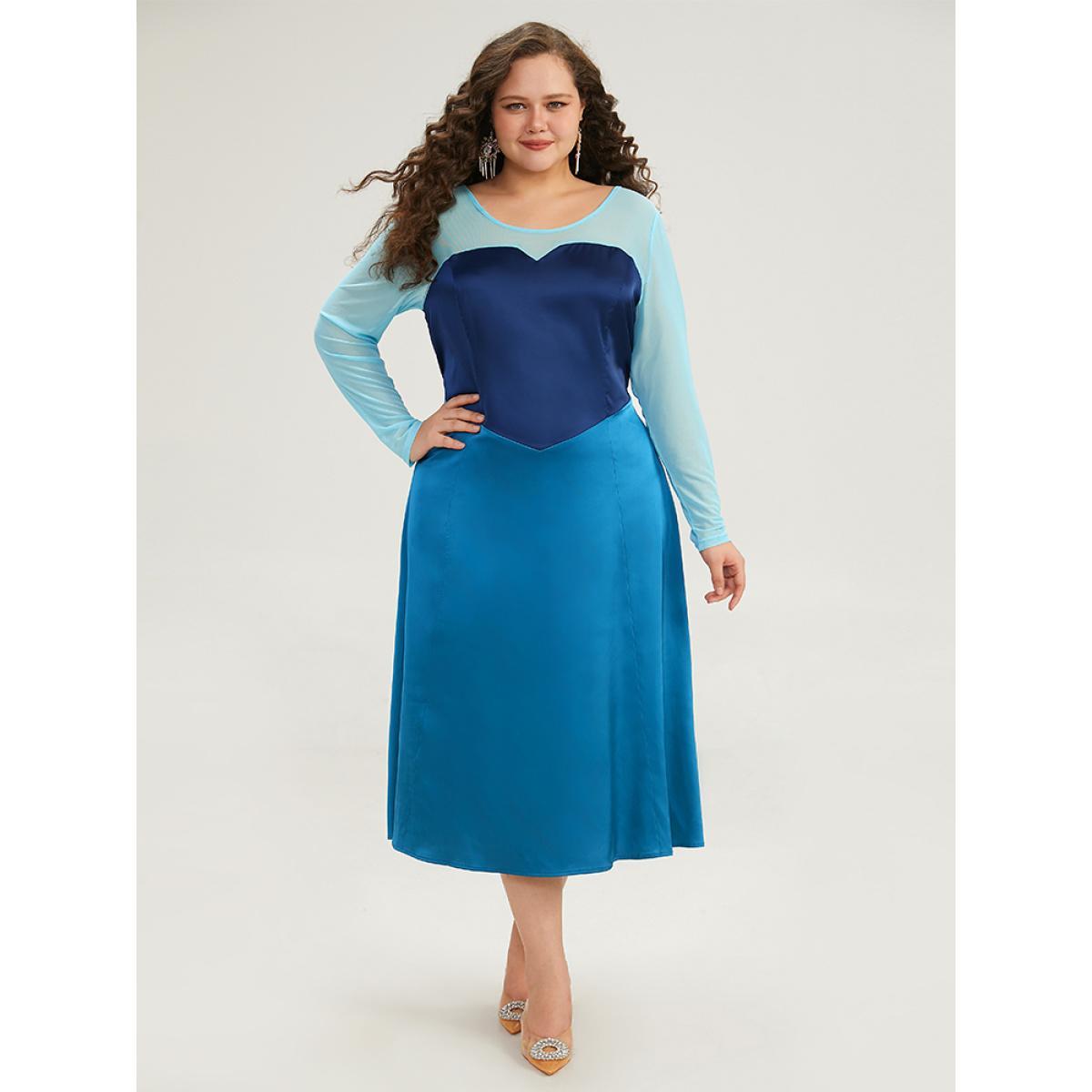 Plus Size Halloween Contrast Patchwork Mesh Dress Aegean Women Elegant See through Round Neck Long Sleeve Curvy Midi Dress BloomChic 18-20/2X Product Image