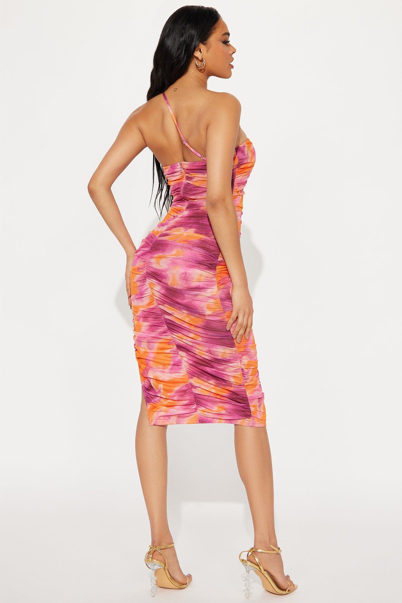 Sunset Sizzle Mesh Midi Dress - Magenta/combo Product Image