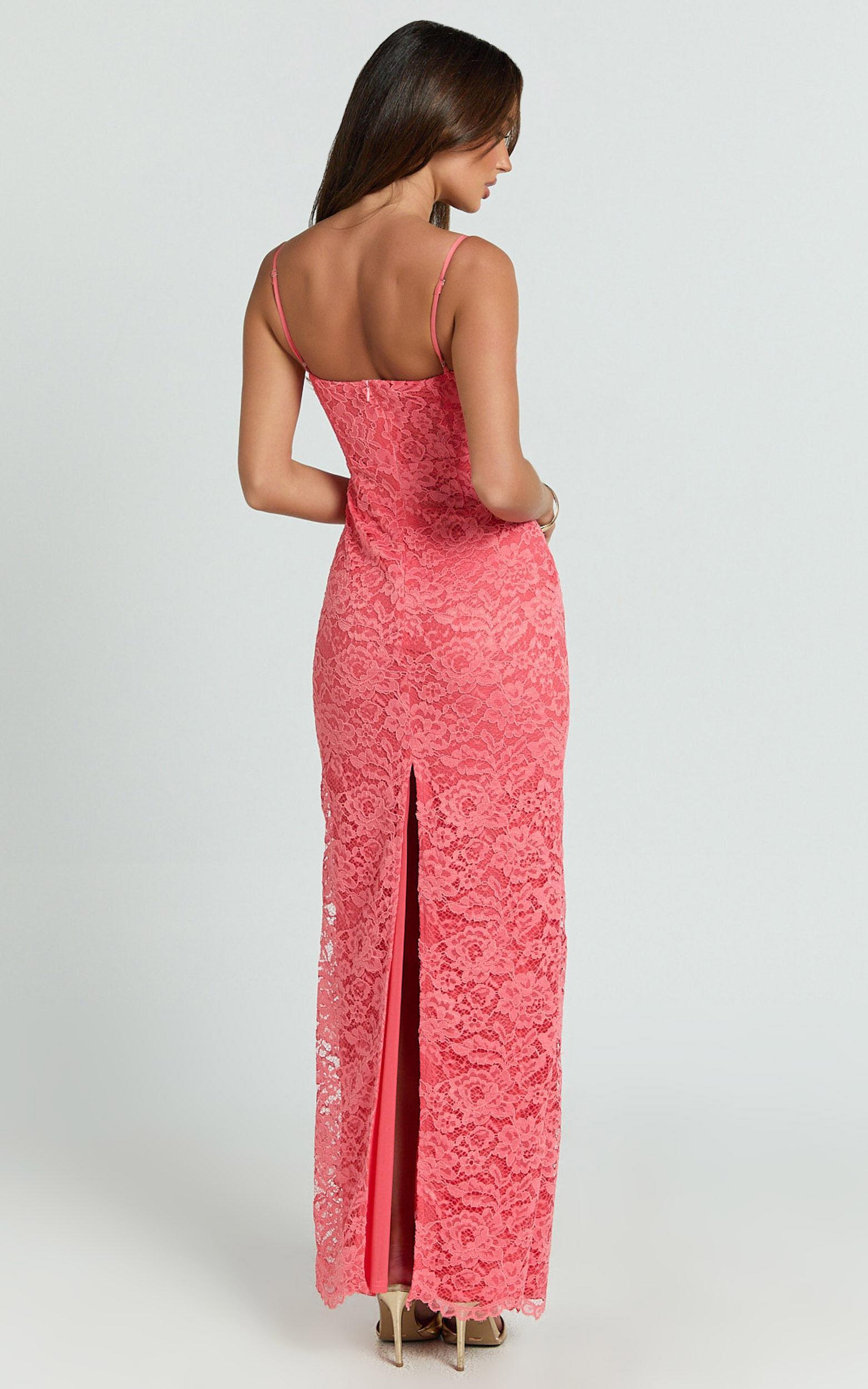 Carli Maxi Dress - Adjustable Strap Corset Bodycon Lace Dress in Watermelon Product Image