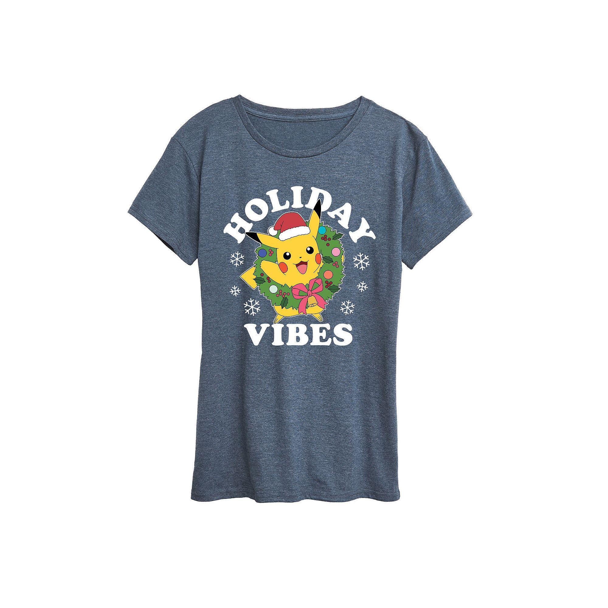 Womens Pokemon Pikachu Holiday Vibes Tee Grey Blue Product Image