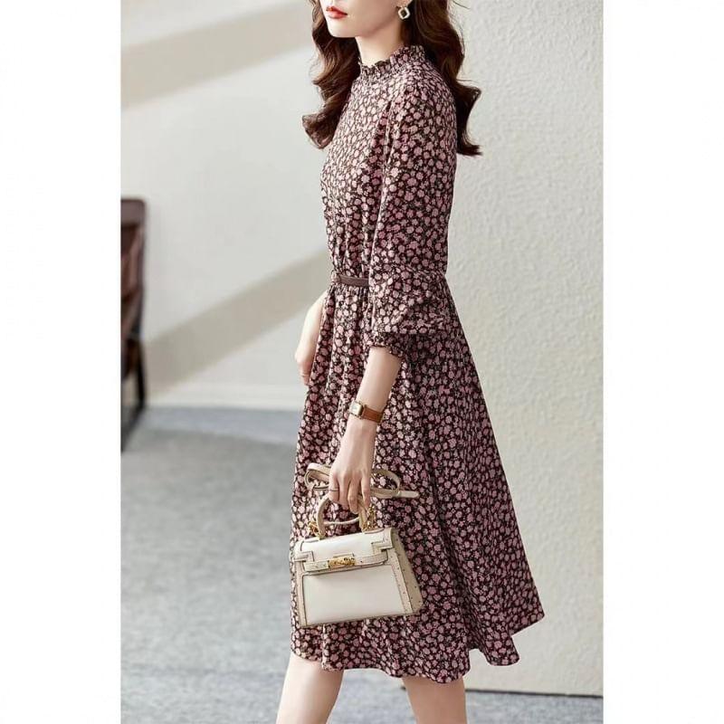 High Neck Long Sleeve Floral Print Midi A-Line Dress Product Image