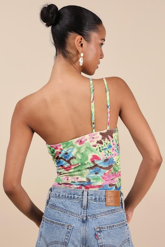 Anahera Green Floral Mesh Cutout One-Shoulder Bodysuit Product Image