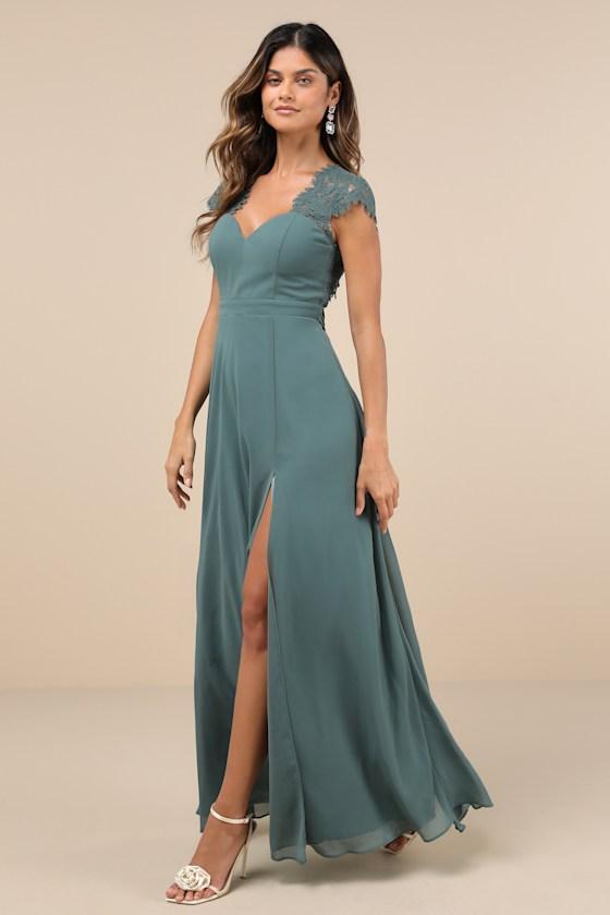 Momentous Moments Dark Sage Green Lace Backless Maxi Dress Product Image