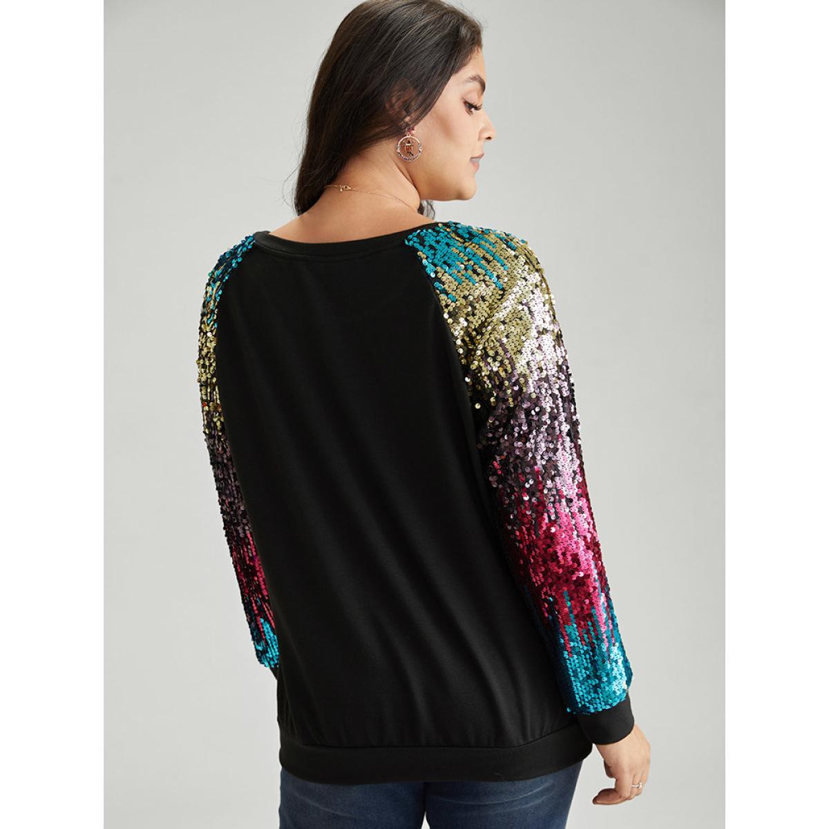 Plus Size Rainbow Sequin Patchwork Raglan Sleeve Sweatshirt Women Black Cocktail Sequin Round Neck Party Sweatshirts BloomChic 10/M Product Image